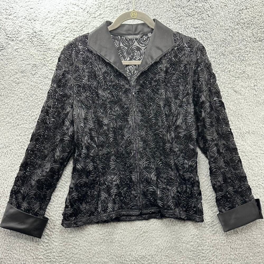 Samuel Dong Women's Medium Sheer Zip‎ Black Jacket Floral Textured Art To Wear